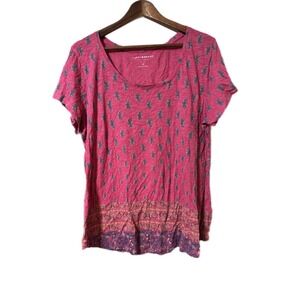 Lucky Brand Paisley Border Print Tee Women 1X Pink Excellent Short Sleeve Top